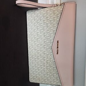 Michael Kors Pink and Ivory Logo Wristlet Clutch with Gold Hardware